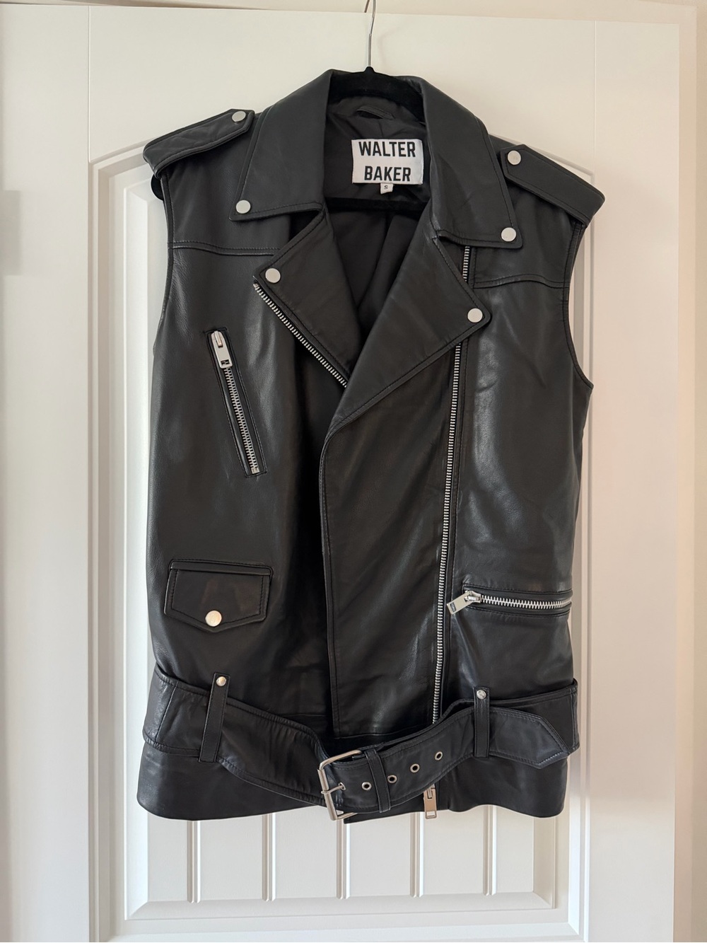 Walter Baker Black Leather Moto Vest with Silver Hardware